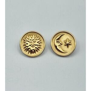 Vintage Ann Klein Sun Moon Celestial Matte Gold Tone Post Earrings 1” Diameter